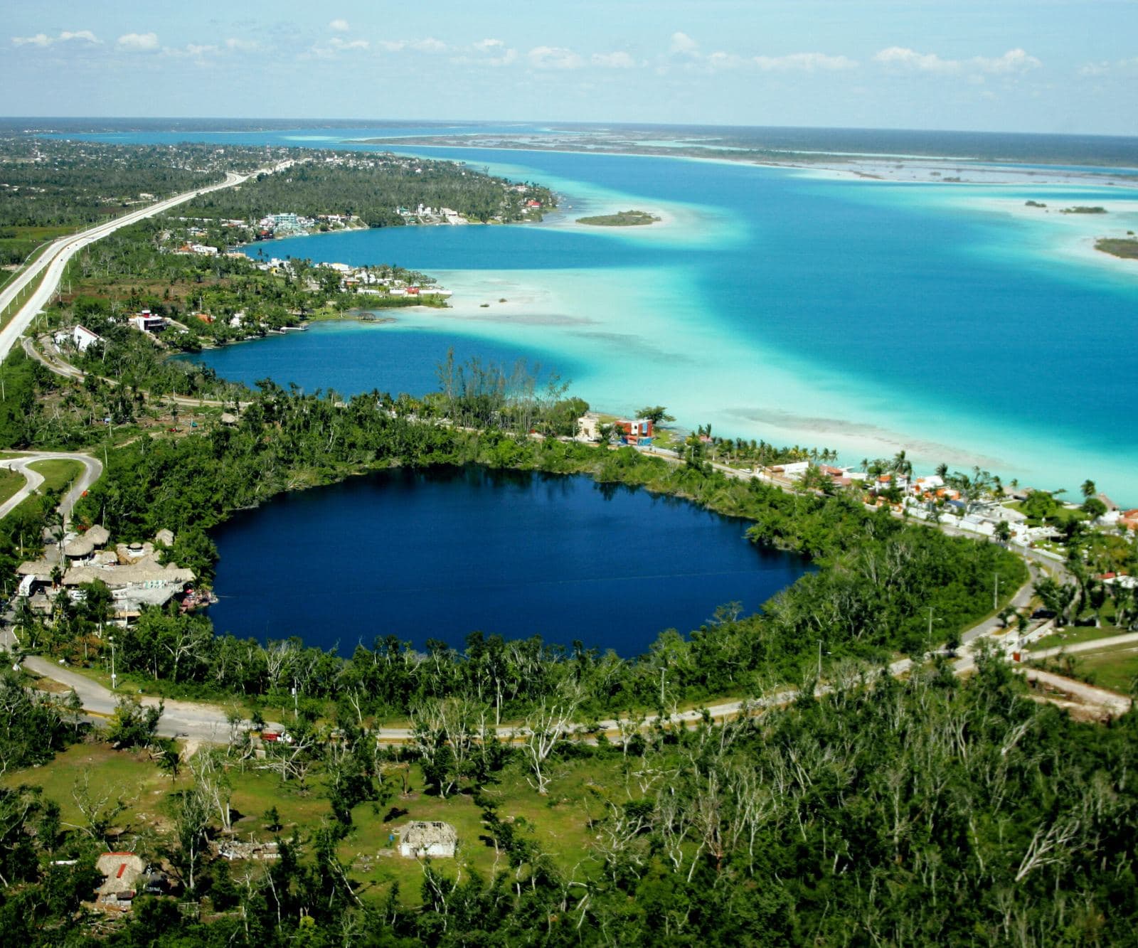 Aerial view of Bacalar lagoon and a cenote